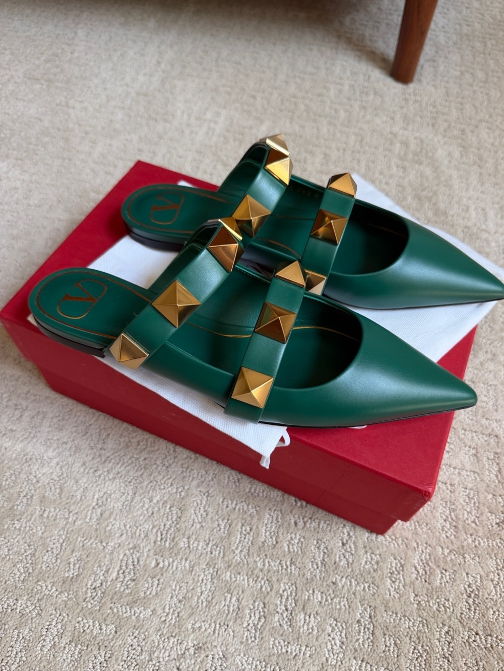 Valentino Garavani Roman Stud Flat Mules in Deep Green